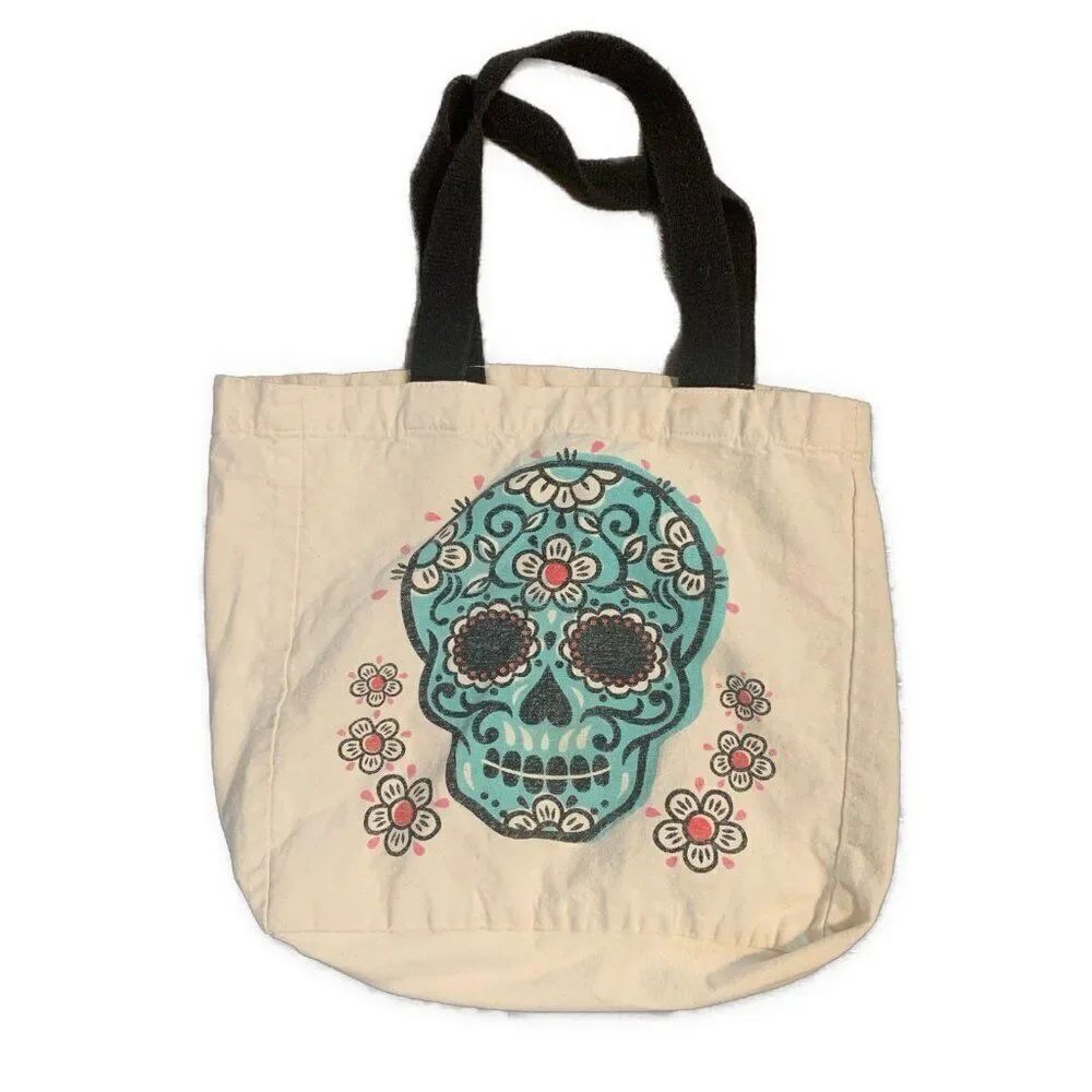 Skull Print 100% Cotton Tote Bag Ivory Blue Black Pink